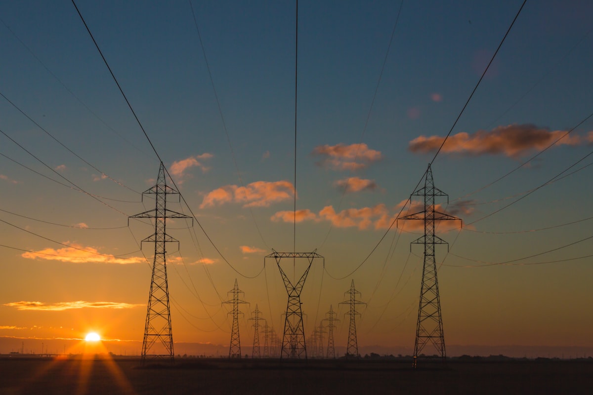 Power transmission infrastructure at sunset